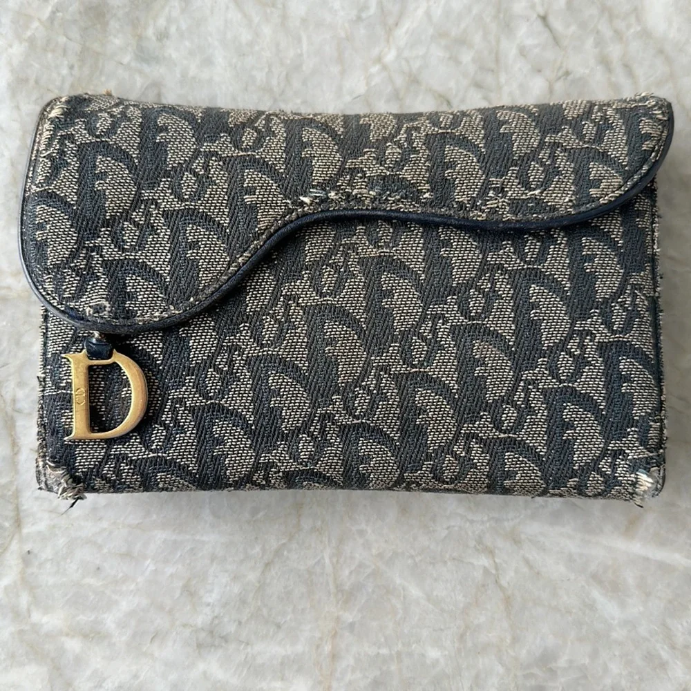 Christian Dior Large Denim Blue Gold Monogram Clutch Wallet